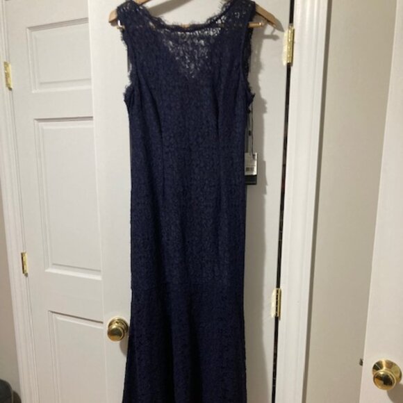 Adrianna Papell Navy Lace Trumpet Gown - Picture 2 of 9